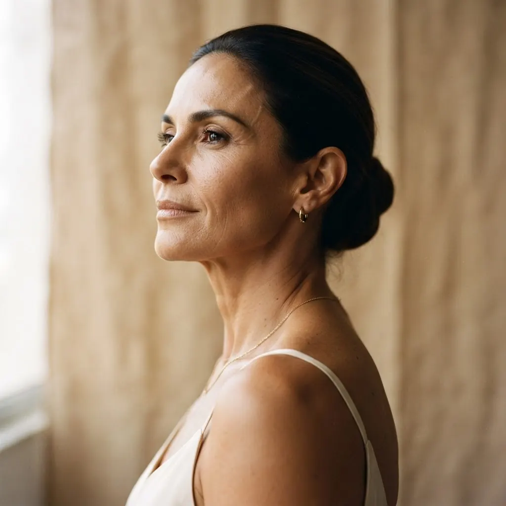 Mulher madura de perfil, com o contorno da mandíbula definido